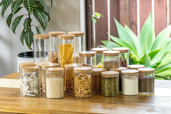 Glass and bamboo jars