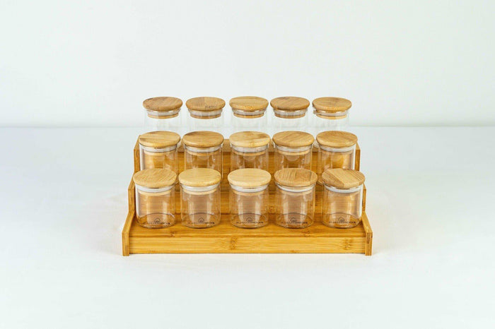 Bamboo spice rack and glass jar set
